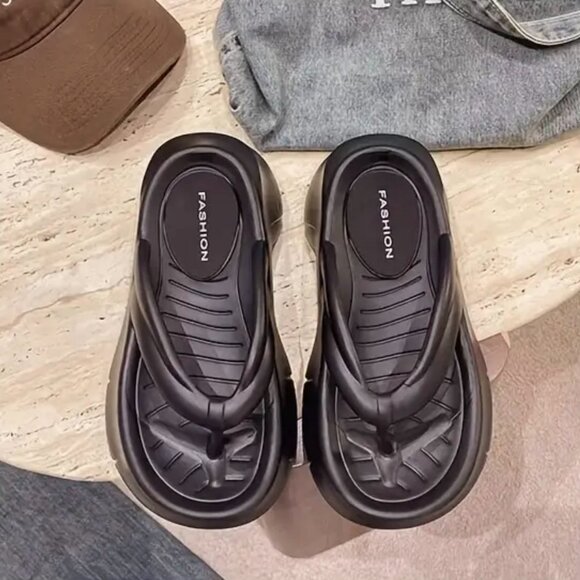 NEW Black Women's Solid Color Flip Flops Casual Wedge Platform Sandal size 5.5-6 - Picture 5 of 11